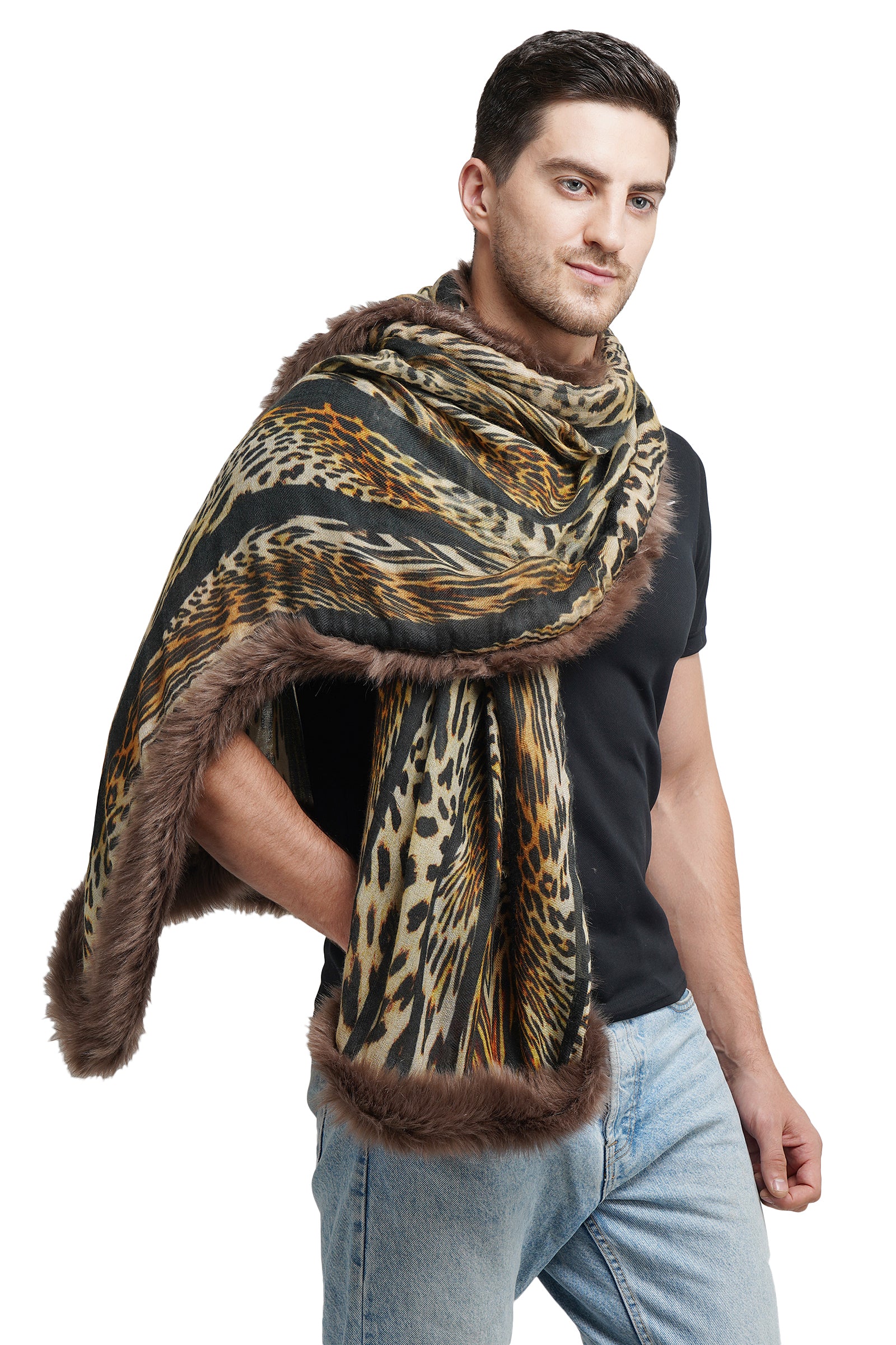 Fur stole and border with cashmere animal print