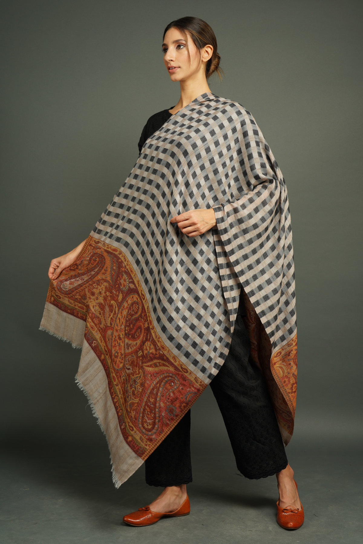 wool checkered stole with paisley design