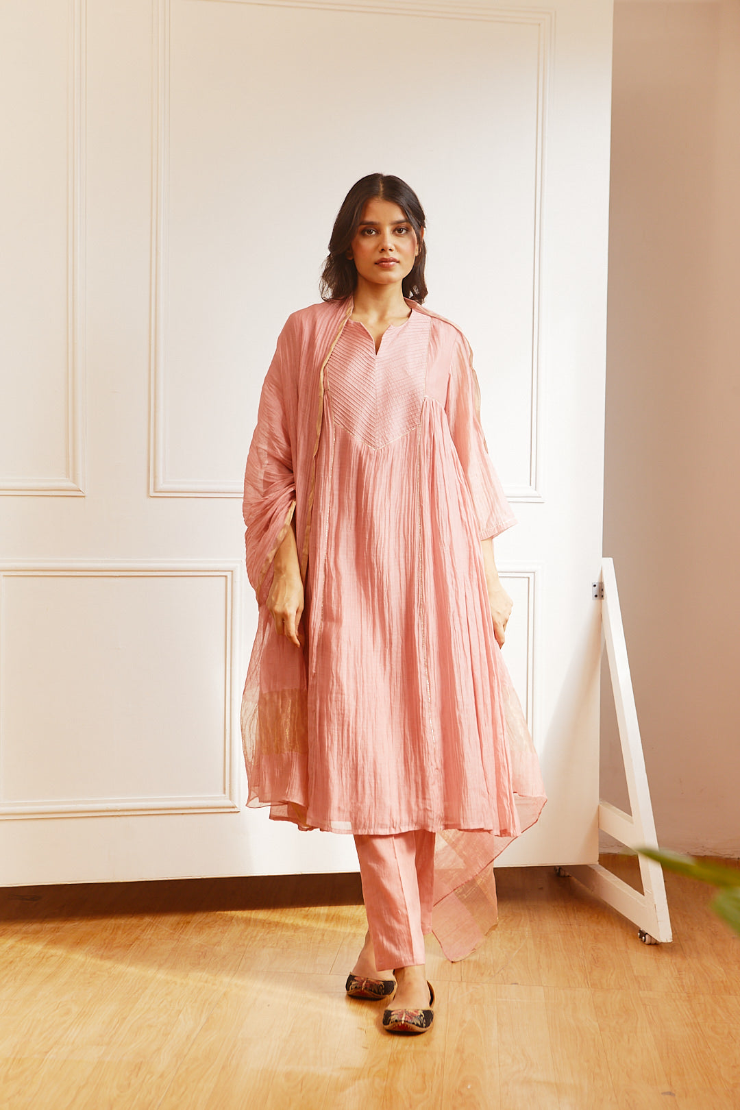 CHANDERI OLD ROSE COLOUSERD PINTUCK YOKE KURTA SET