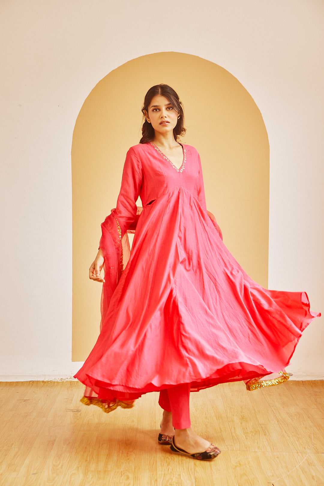 HOT PINK FRONT GATHER KALI STYLE ANARKALI SET