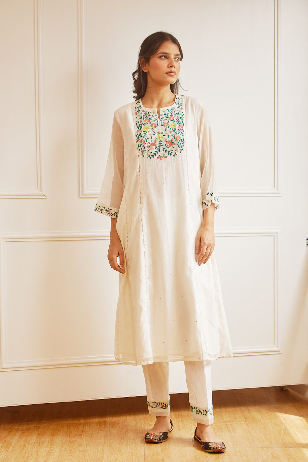 CHANDERI IVORY A LINE KURTA SET