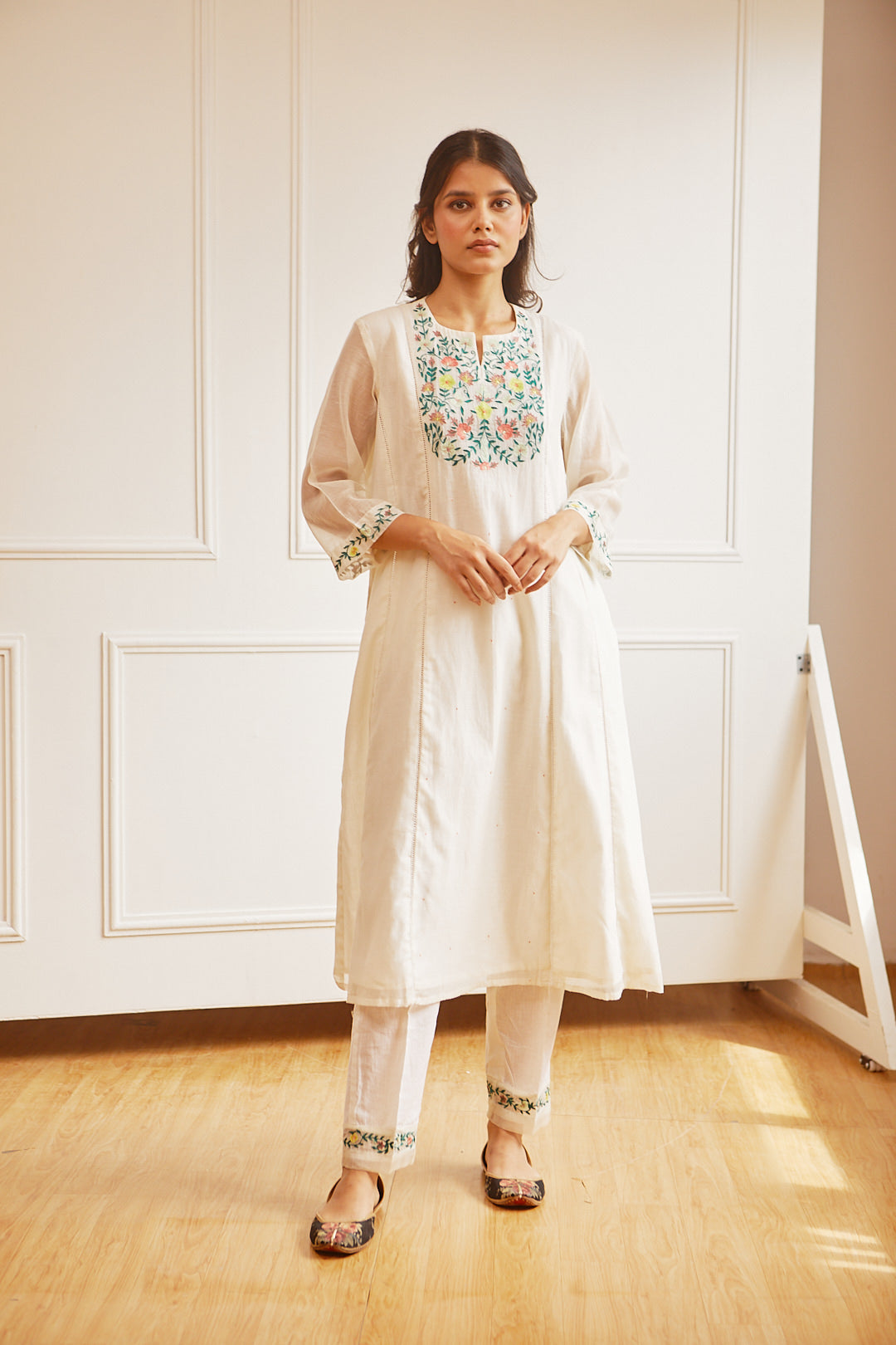 CHANDERI IVORY A LINE KURTA SET