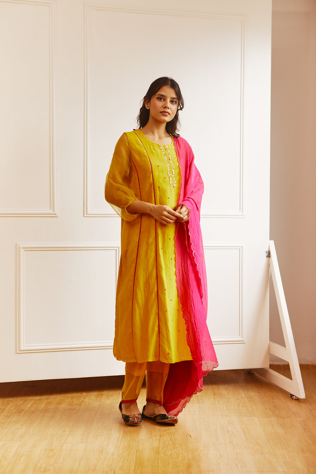 CHANDERI OCHRE COMFORT FIT KURTA SET