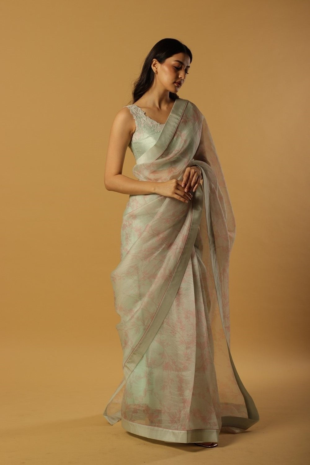 blue organza saree