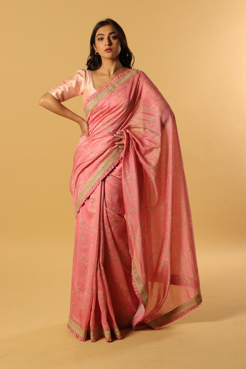 pink printed saree