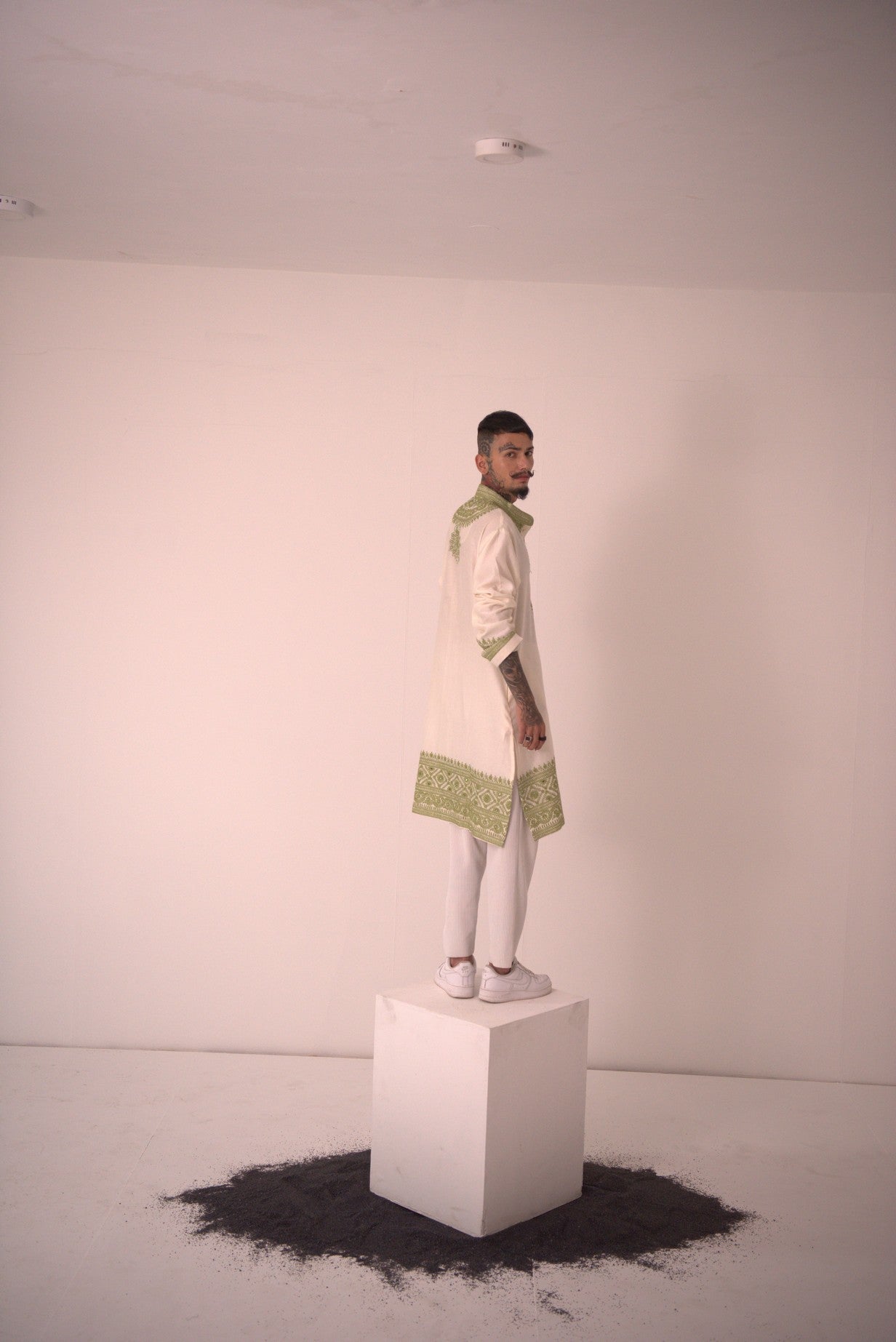 Chanderi Ivory Garnish in Green Kurta With Pants