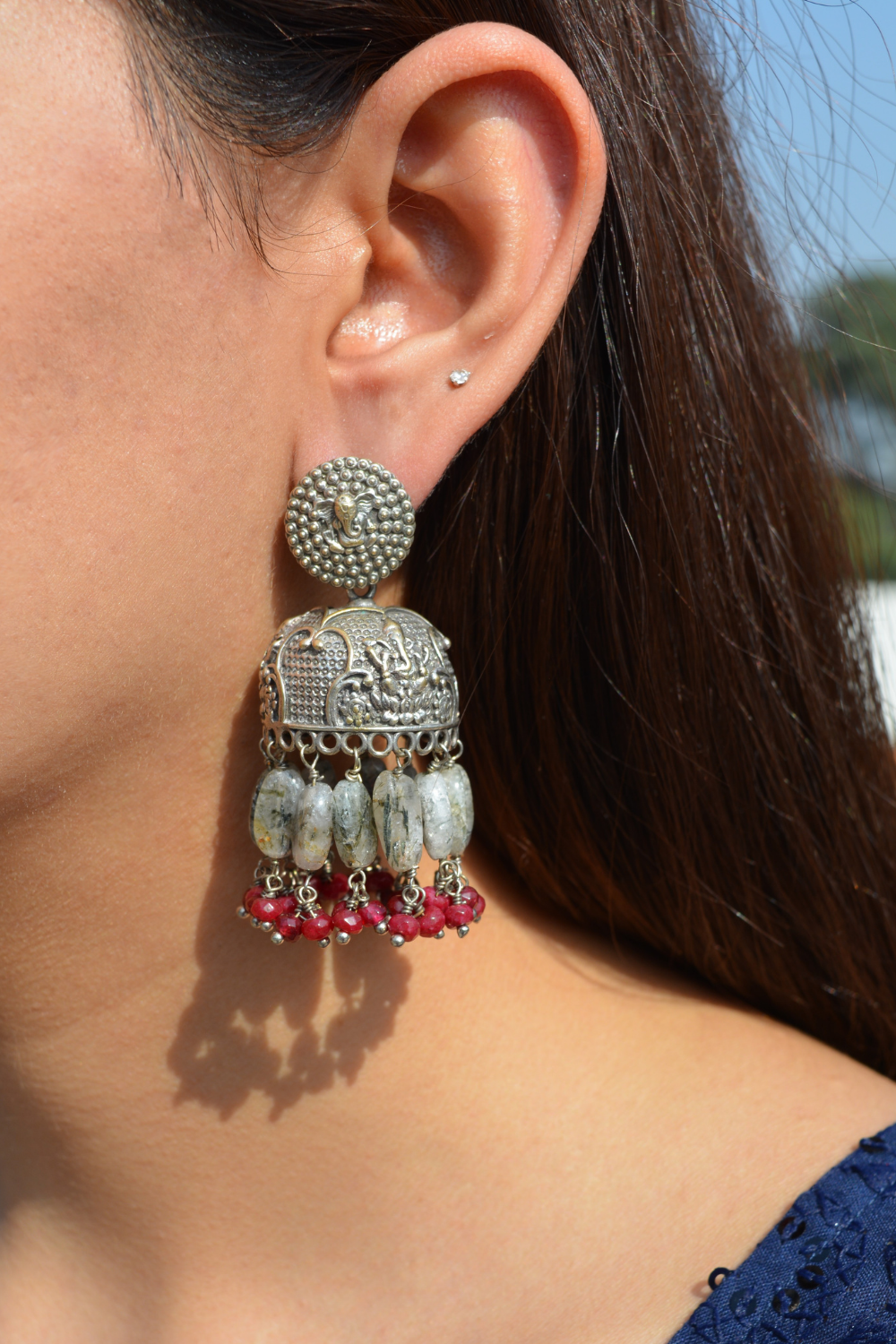 Grey beads red jades jhumkas