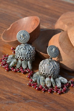 Grey beads red jades jhumkas