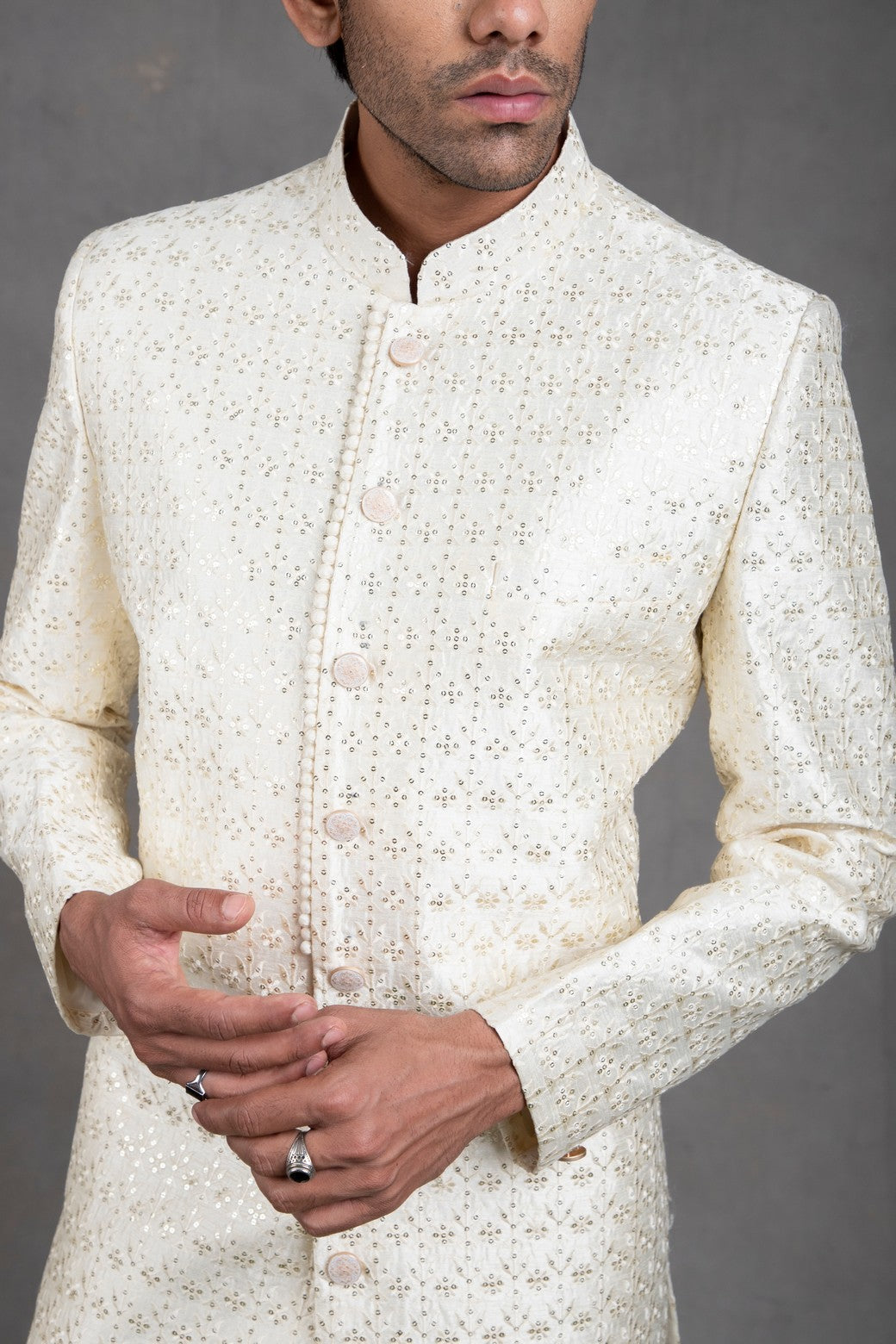 White Embroidered Sherwani Set