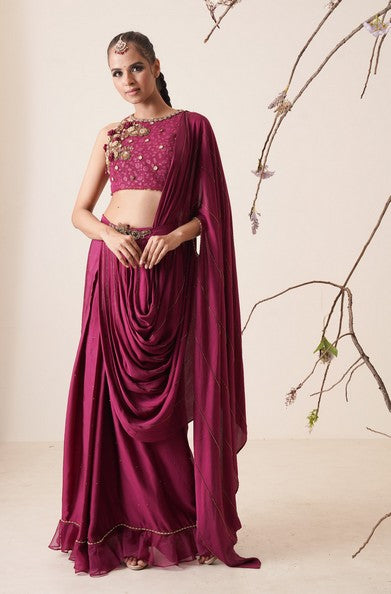 Wine pre stitch saree