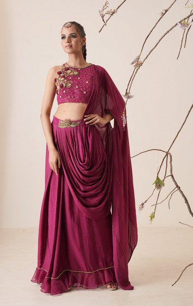 Wine pre stitch saree