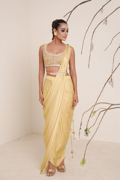 Yellow pre-drape saree