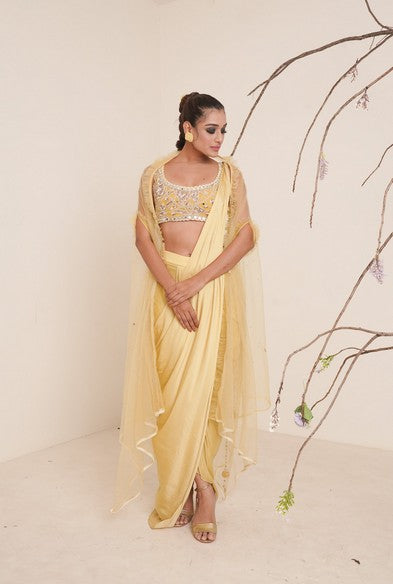 Yellow pre-drape saree