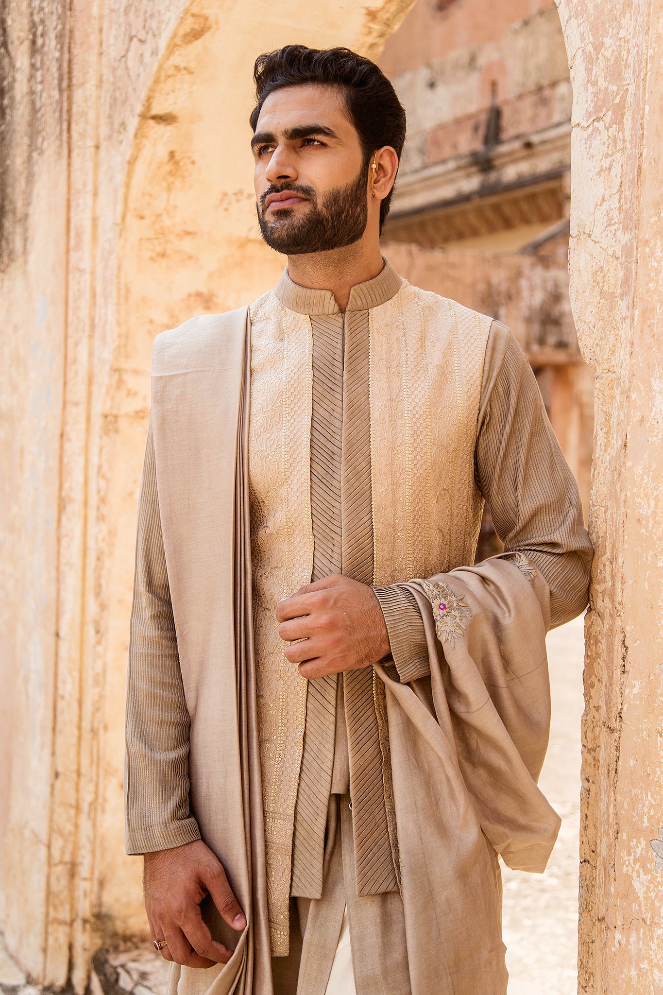 Sand coloured kurta jacket set