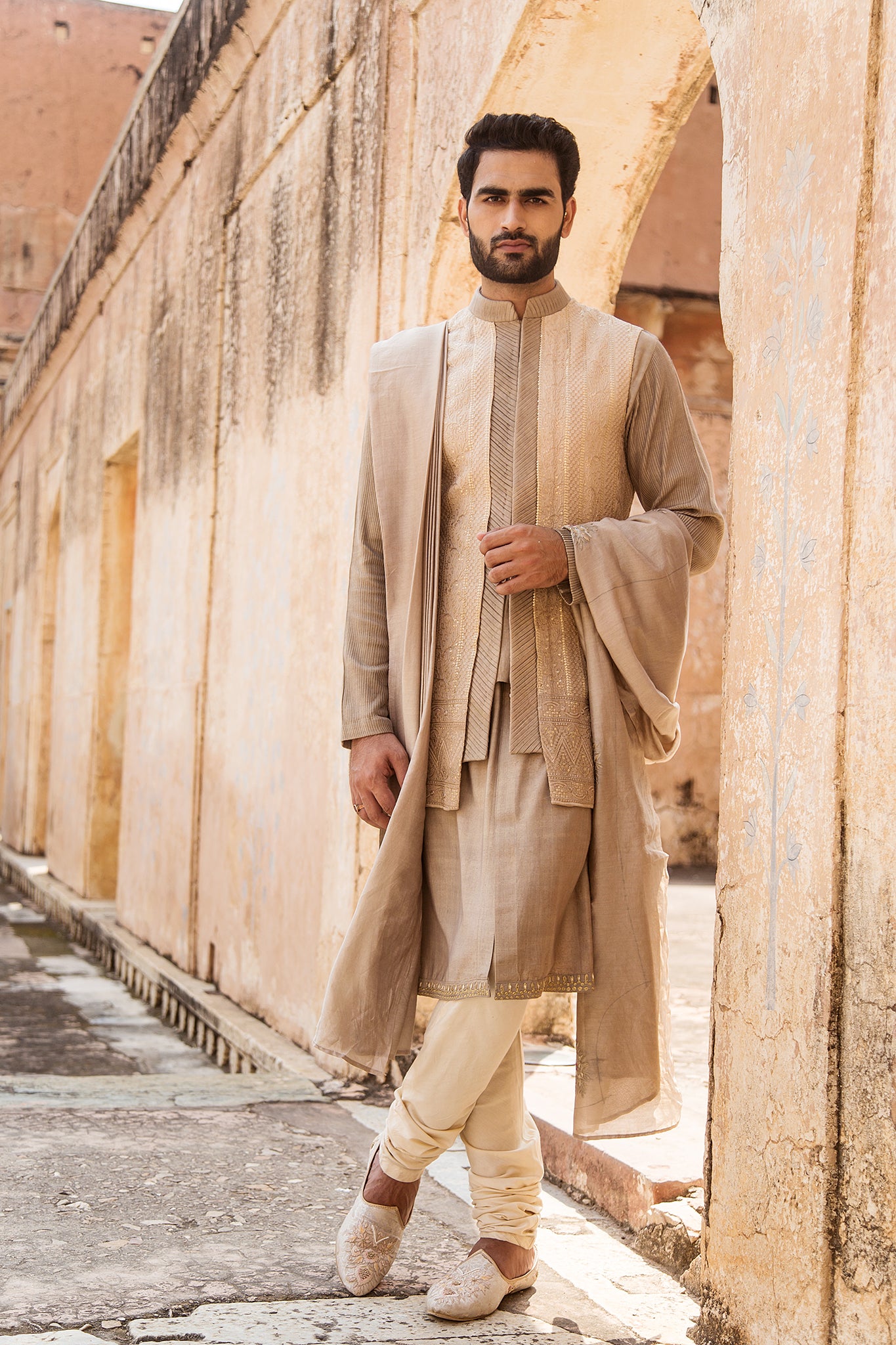 Sand coloured kurta jacket set