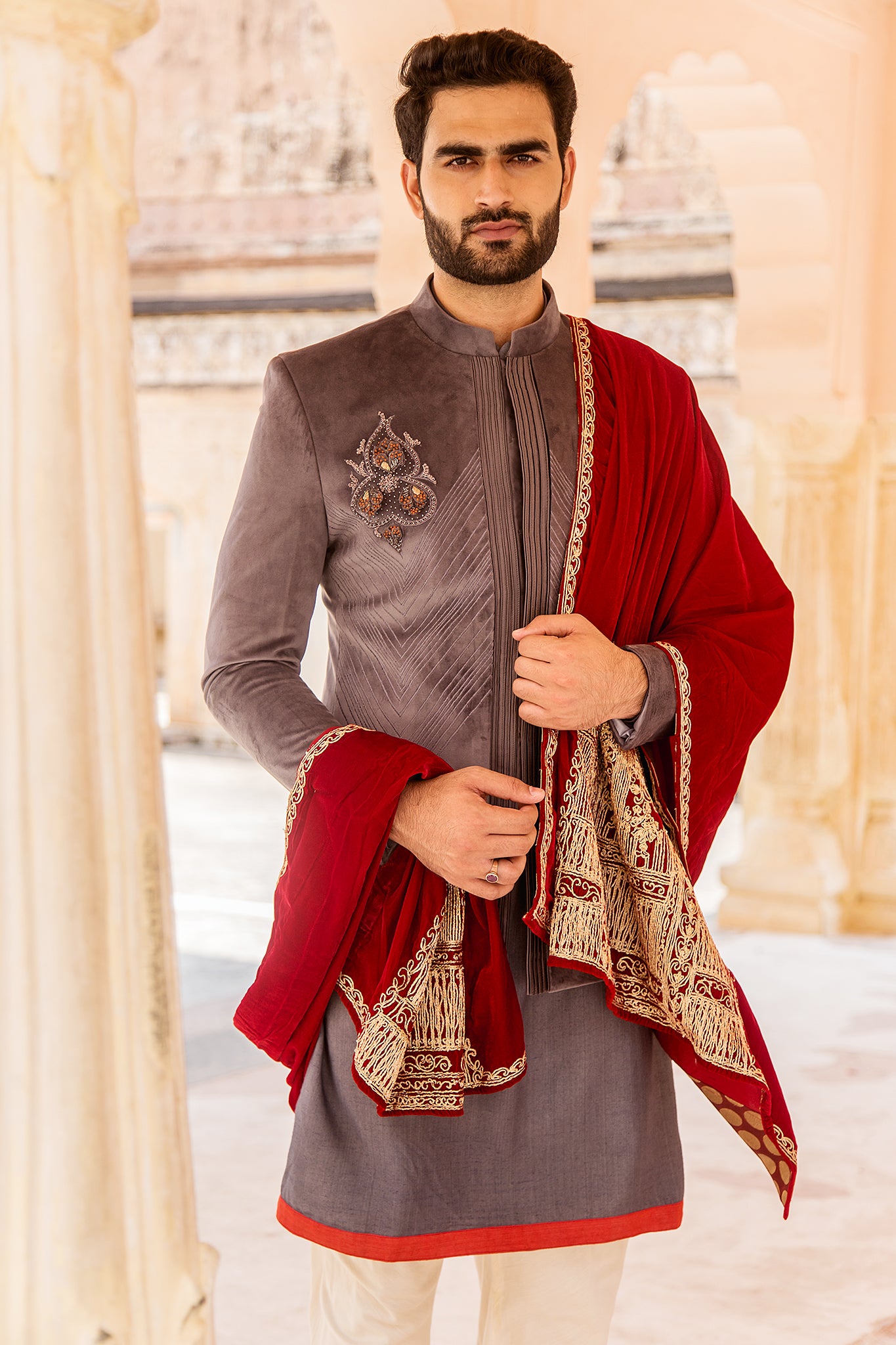 Grey suede embroidered kurta set