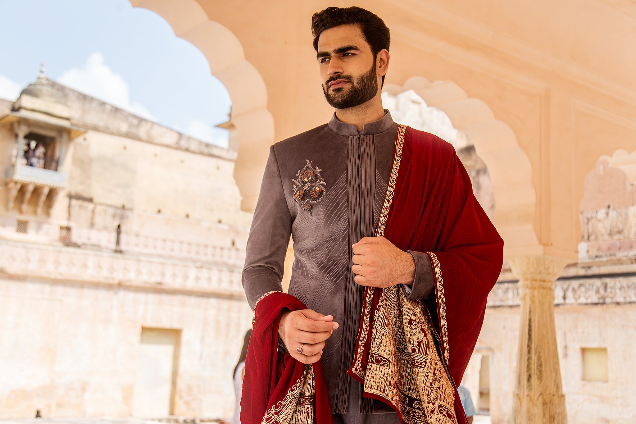 Grey suede embroidered kurta set