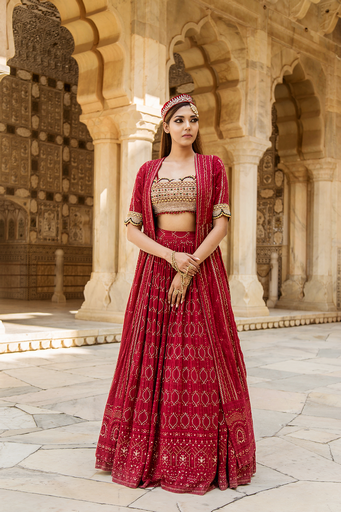 Red Lucknowi chikankari lehenga set