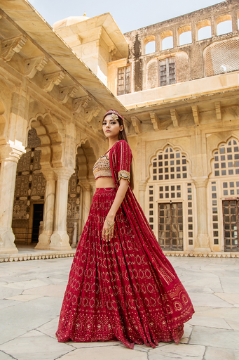 Red Lucknowi chikankari lehenga set