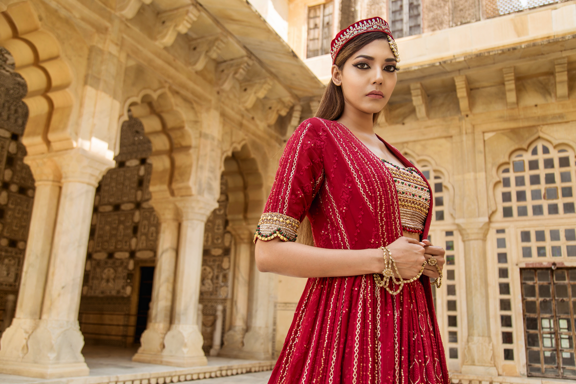 Red Lucknowi chikankari lehenga set