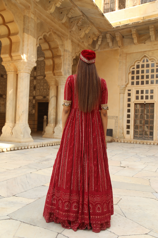 Red Lucknowi chikankari lehenga set