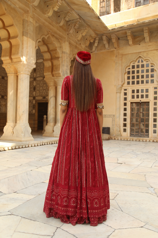 Red Lucknowi chikankari lehenga set