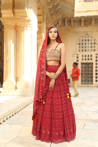 Red coloured Lucknowi chikankari lehenga set