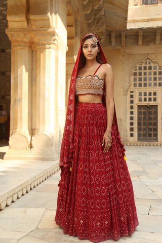 Red coloured Lucknowi chikankari lehenga set