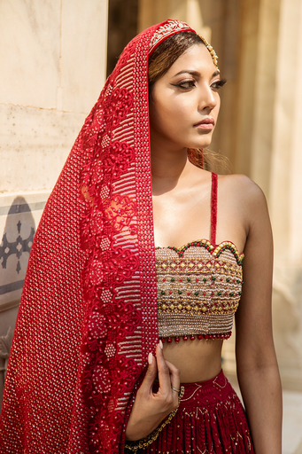 Red coloured Lucknowi chikankari lehenga set