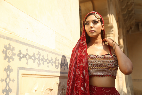 Red coloured Lucknowi chikankari lehenga set