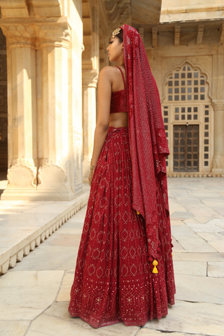 Red coloured Lucknowi chikankari lehenga set