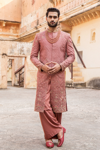 Coral Pink Embroidered Sherwani