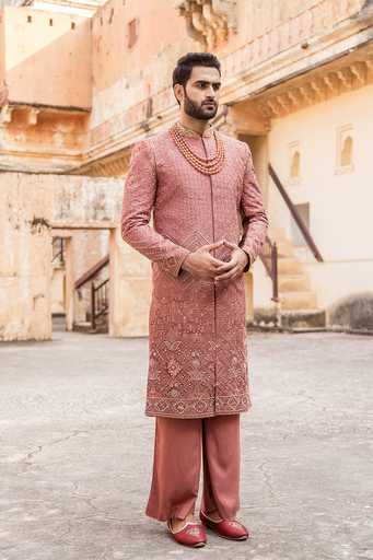 Coral Pink Embroidered Sherwani