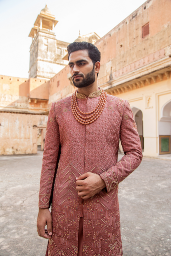 Coral Pink Embroidered Sherwani