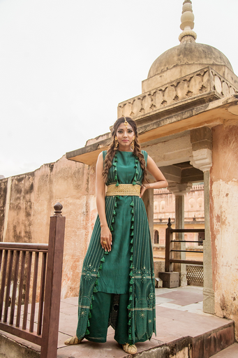 Teal green coloured cotton satin anarkali set