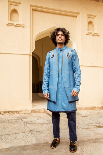 Cerulean blue kurta jacket set