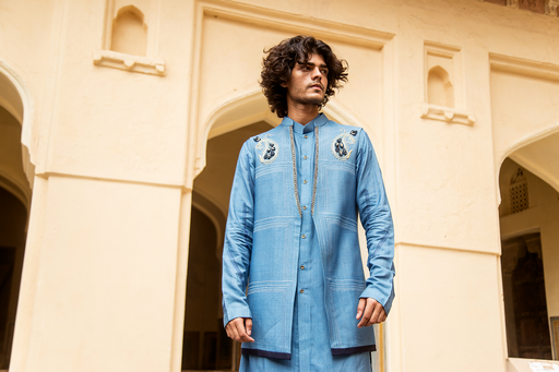 Cerulean blue kurta jacket set