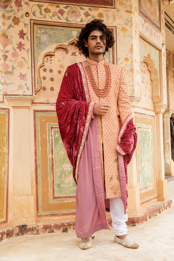 Peach embroidered sherwani