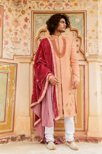 Peach embroidered sherwani