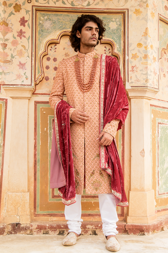 Peach embroidered sherwani