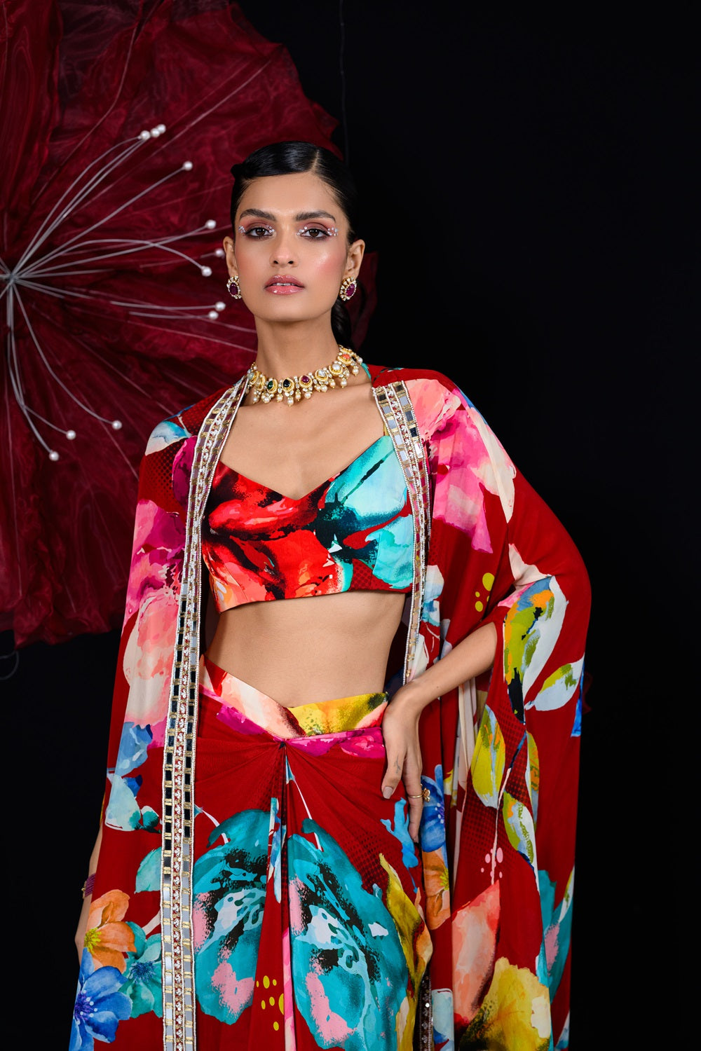 Peony dhoti skirt set printed bralette