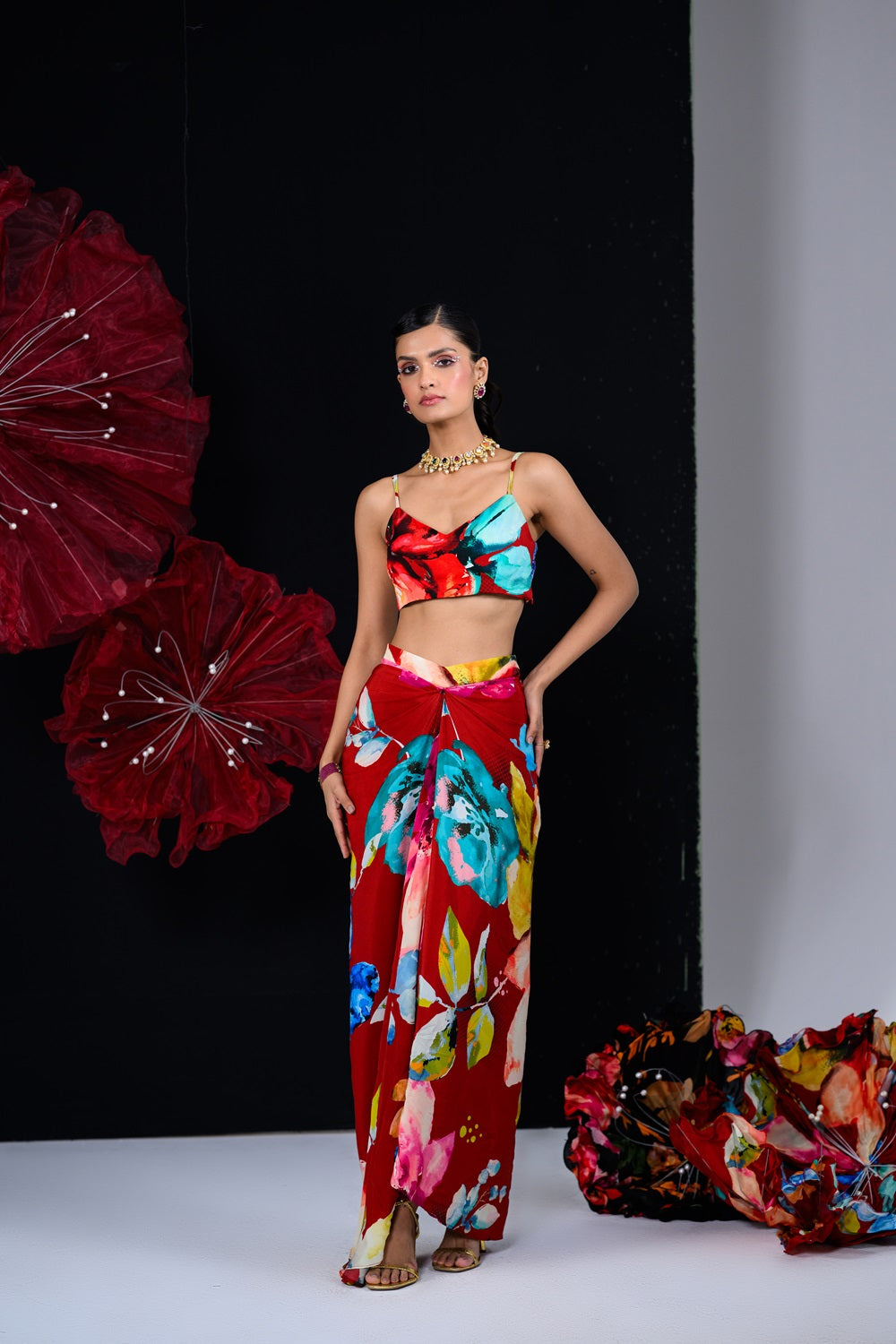 Peony dhoti skirt set printed bralette