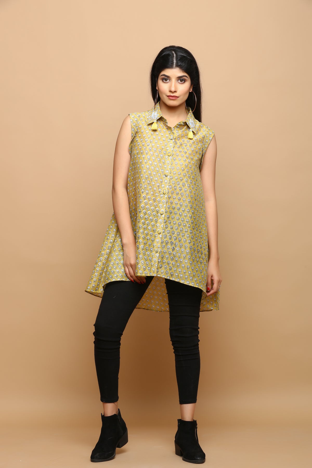 Mustard block printed chanderi top