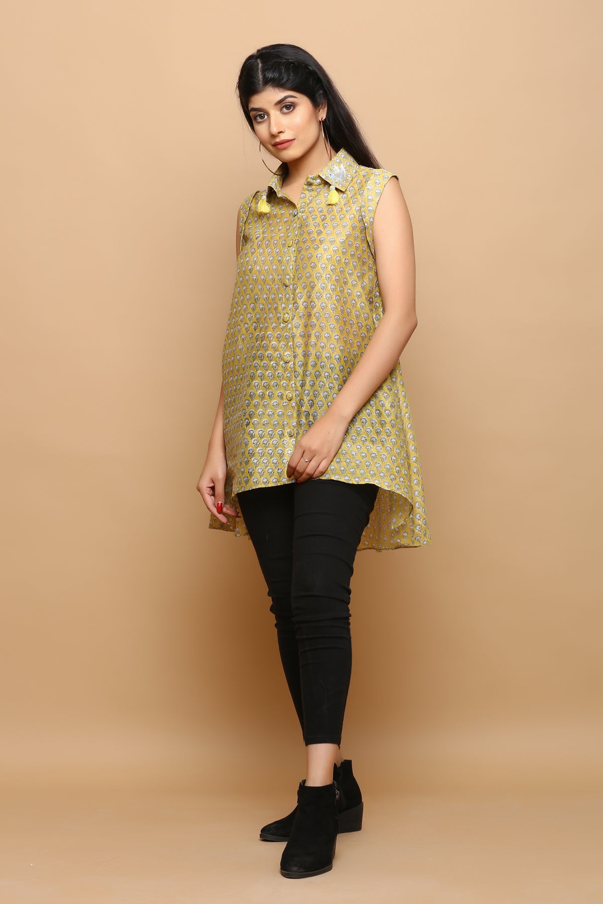 Mustard block printed chanderi top