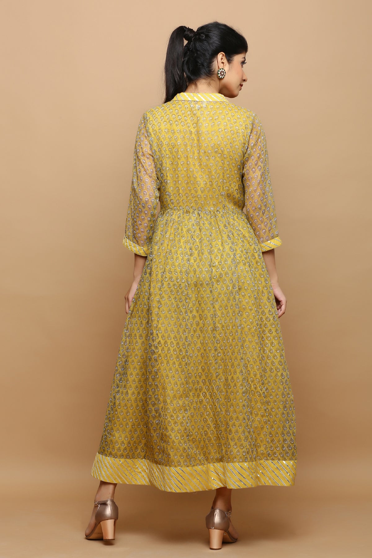 Mustard block printed kota doria jacket