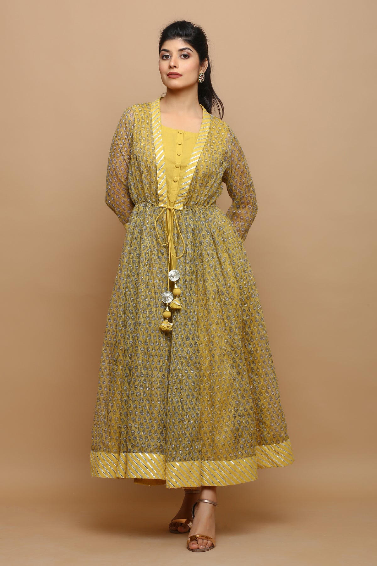 Mustard block printed kota doria jacket