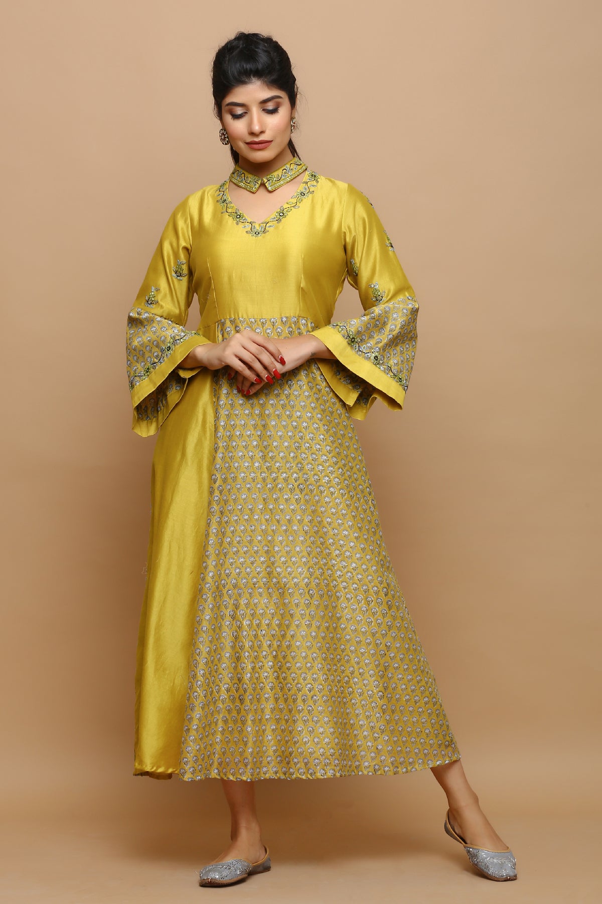 Mustard block printed dress