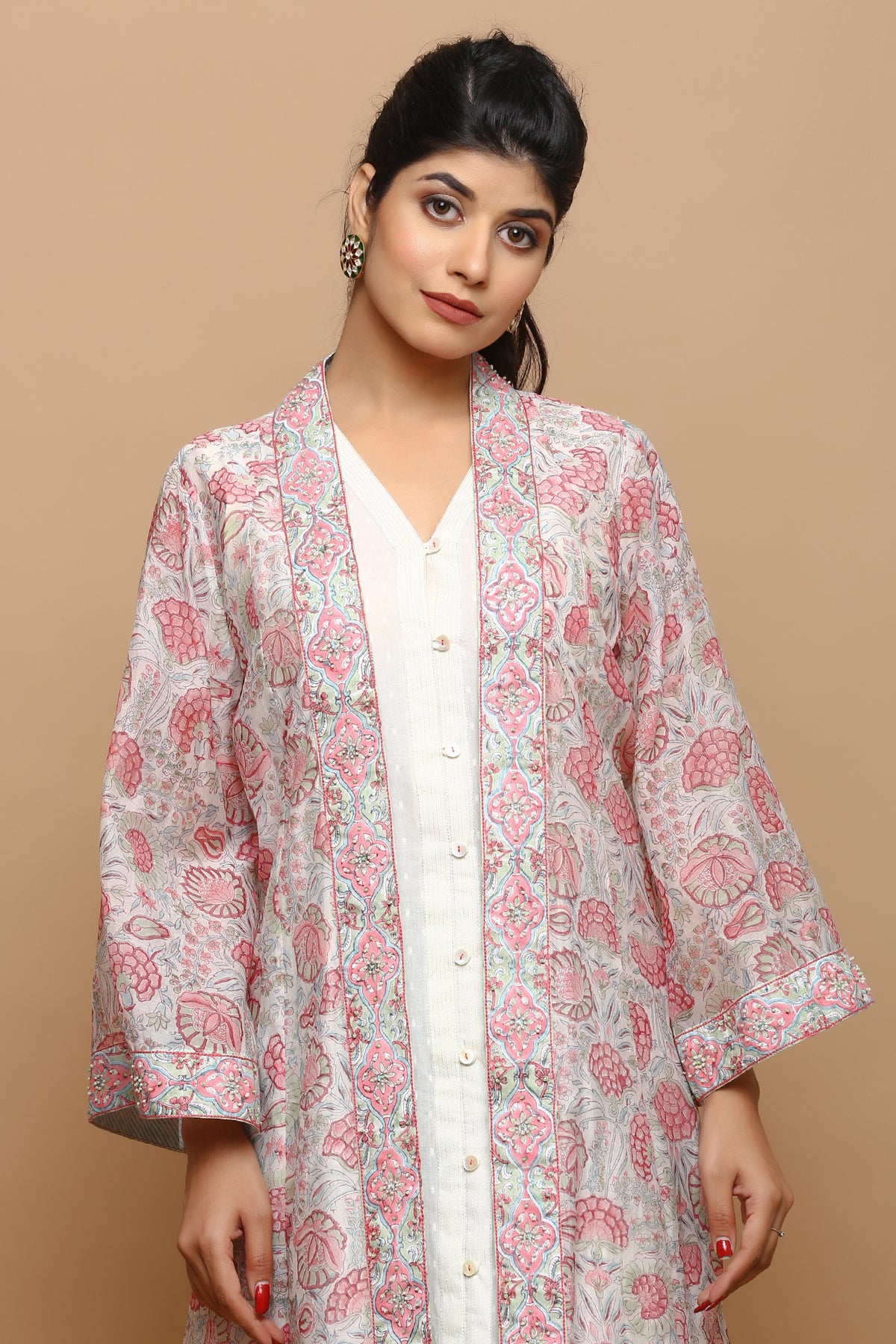 Chanderi block printed jacket with highlighted