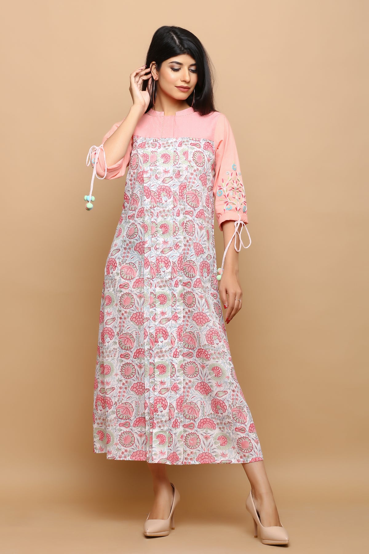 Cotton block printed kurta with embroidery