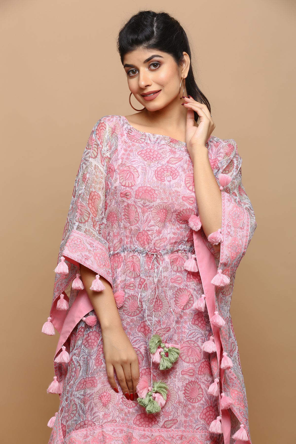 Pink colouerd block printed kaftaan dress